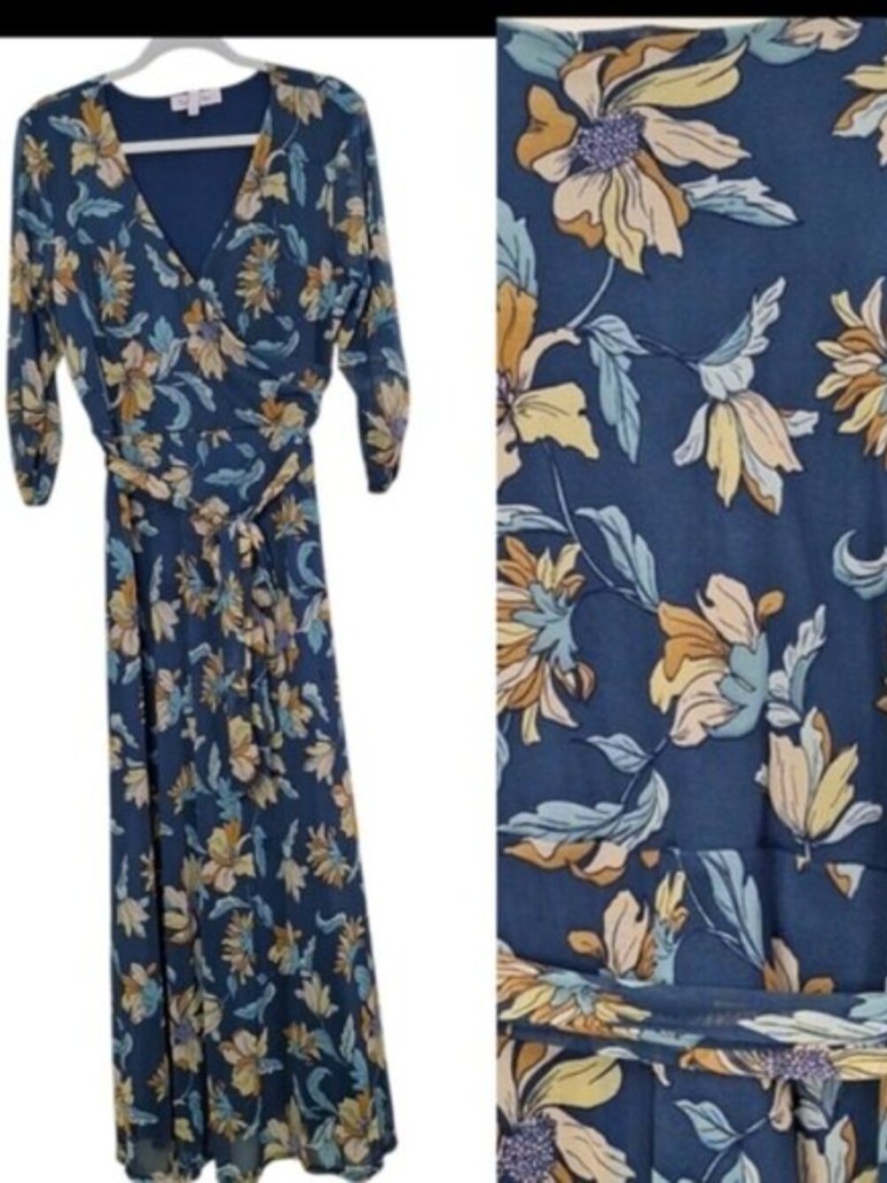 Harlow & Rose Boho V neck Green floral print Wrap Maxi Dress Large 3/4 sleeve